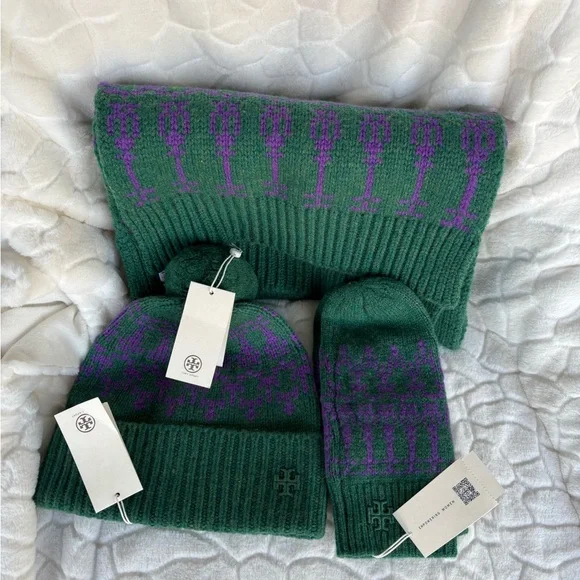 Tory Burch Merino Fair Isle Collection Scarf, Mittens & Hat Dark Ceramic Green - Picture 1 of 16